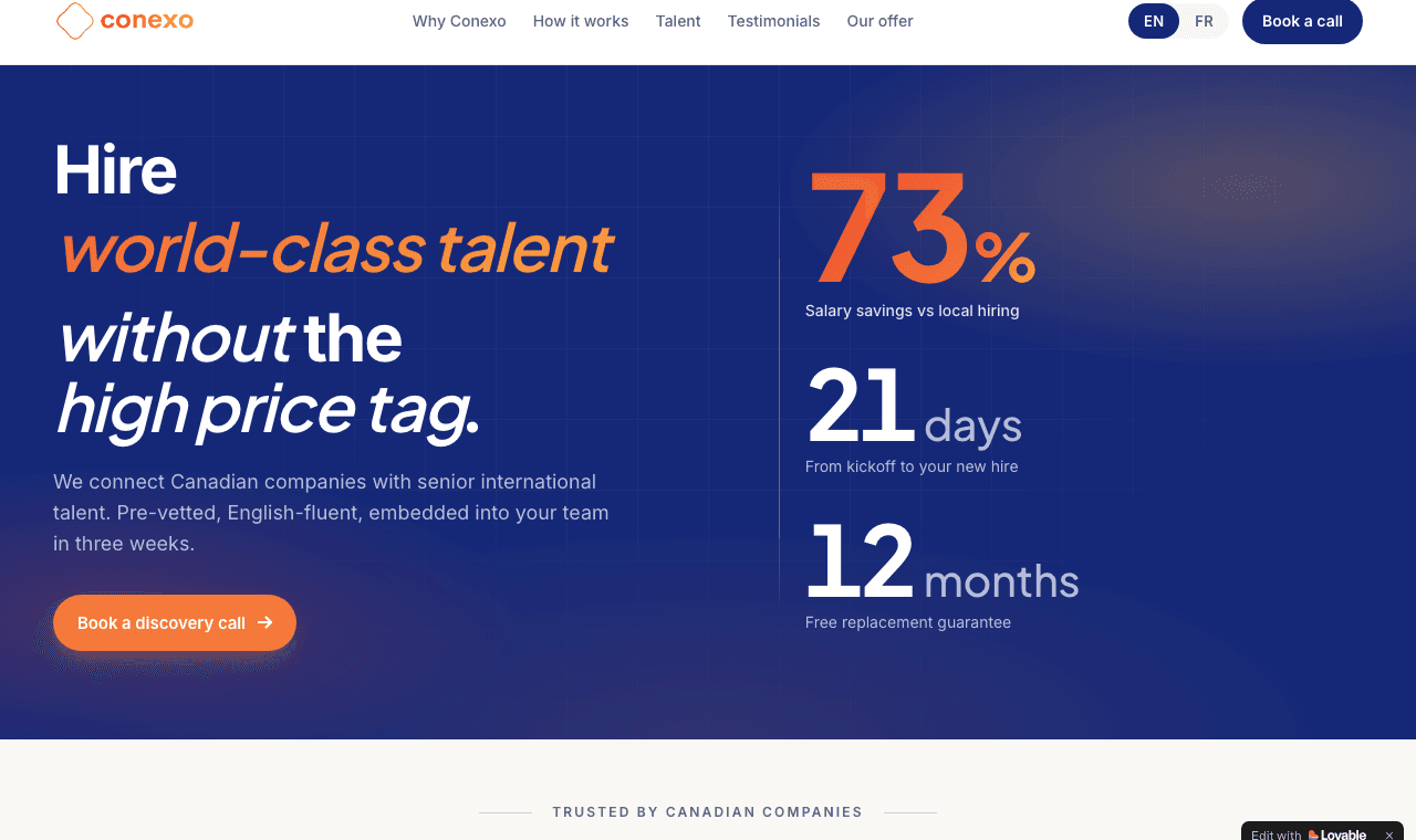 Le site de Conexo, recrutement de talent international pour entreprises canadiennes