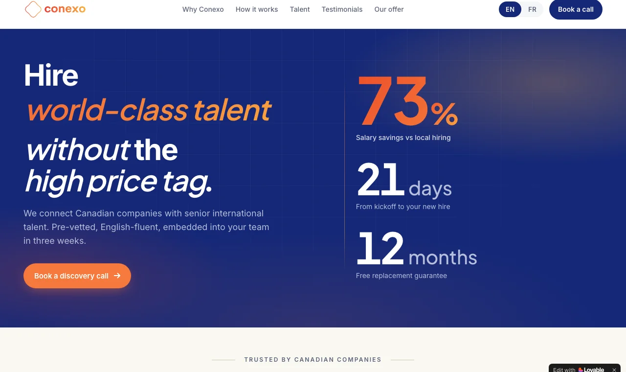 Conexo website, international talent recruiting for Canadian companies