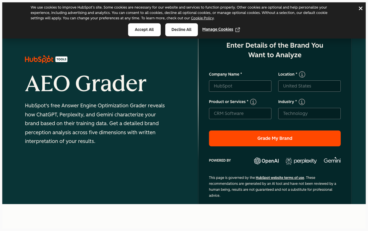 HubSpot AEO Grader homepage