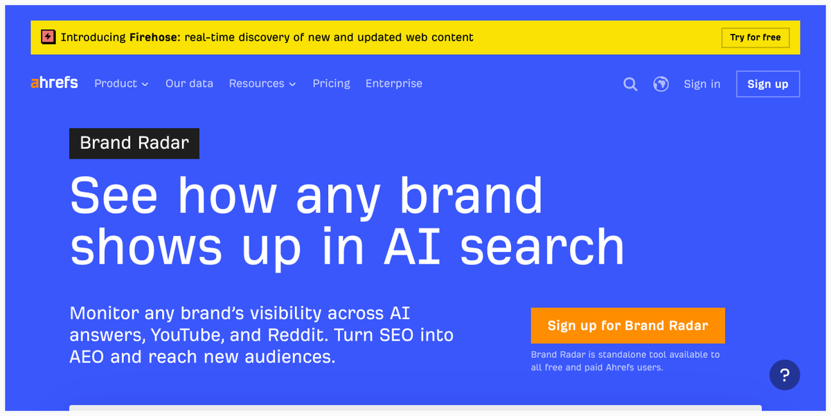 Ahrefs Brand Radar landing page