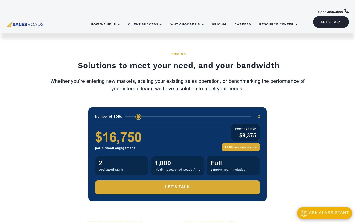 Page de tarification SalesRoads