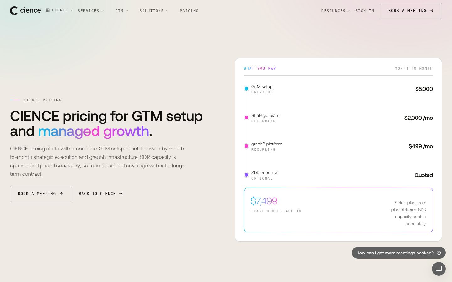 Page de tarification CIENCE