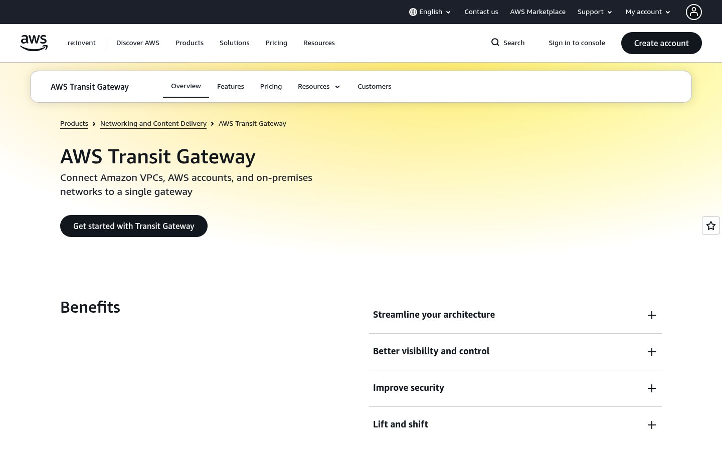 AWS Transit Gateway homepage