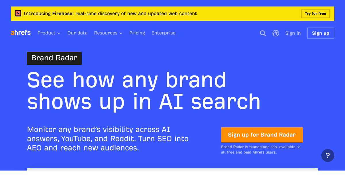 Ahrefs Brand Radar homepage